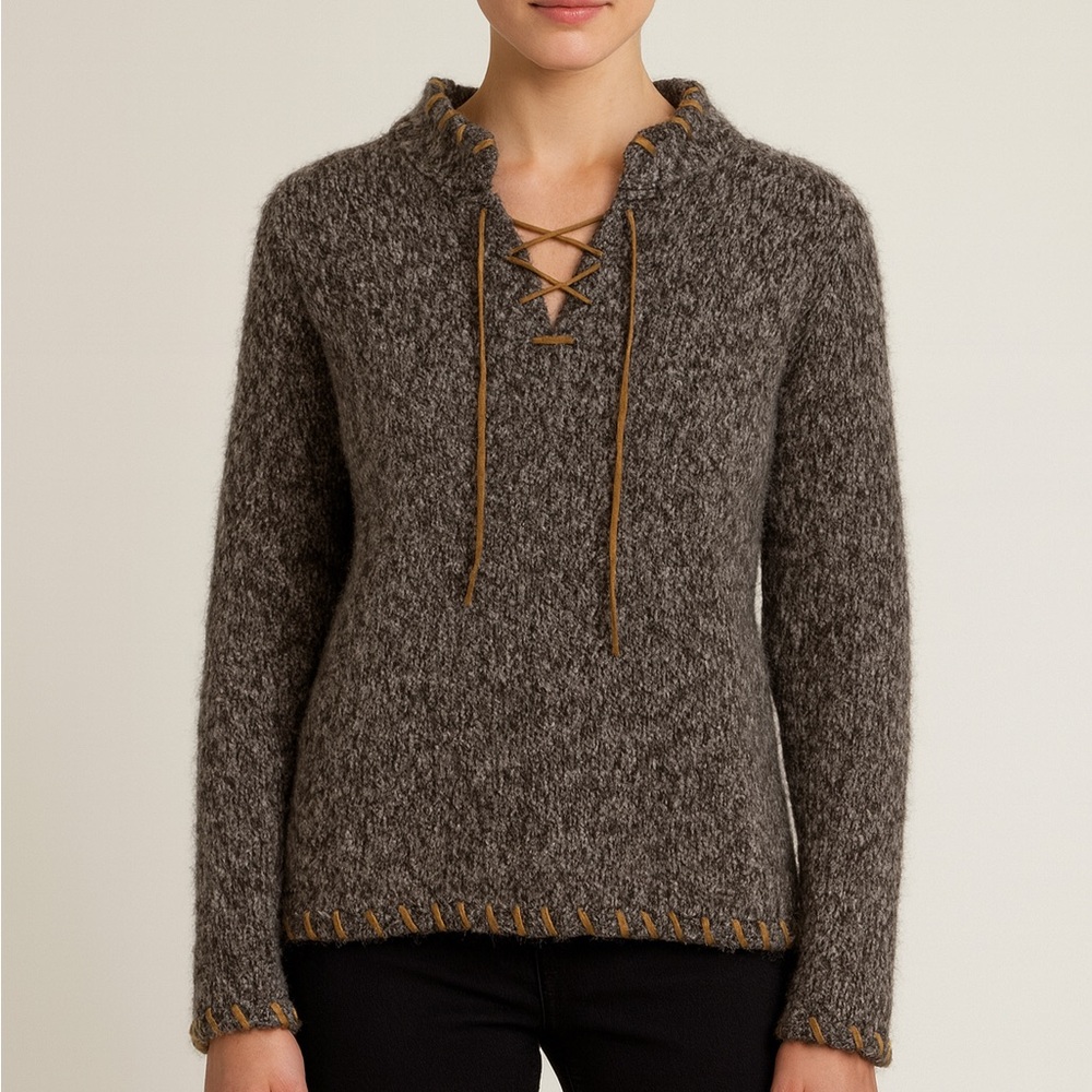 Classiques Entiers Sweater Women’s M Wool Alpaca Knit Lace-Up Neck Gray Tan Boho